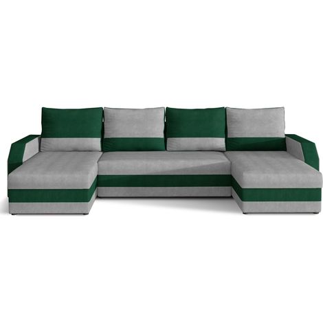 Canapé d'angle convertible panoramique bicolore velours gris clair et vert Nordy 307cm (1/4)