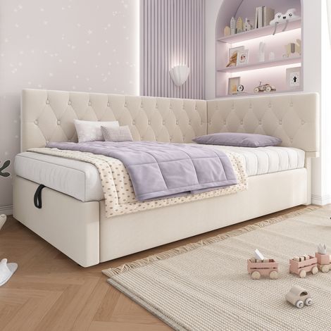 Canapé-lit 90 x 190 cm, avec espace de rangement hydraulique, en velours, couleur beige. (1/5)