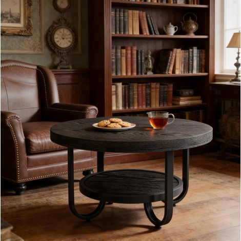 Couchtisch rund aus MDF und Metall schwarz Ø 79 cm, 2 Ebenen im Industrial-Stil (1/5)