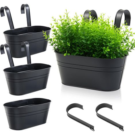Lot de 4 pots de fleurs suspendus en métal, pots de fleurs noirs à suspendre, seau de fleurs suspendu avec crochet amovible pour balcon, clôture, jardin