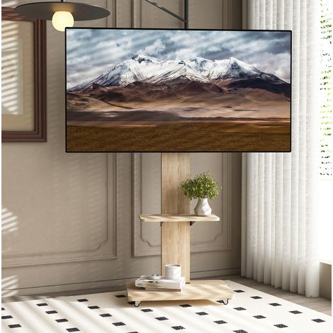 Meuble TV mobile MDF et métal décor bois naturel 60x40 cm, support 32-75 pouces, hauteur réglable, roulettes verrouillables (1/5)