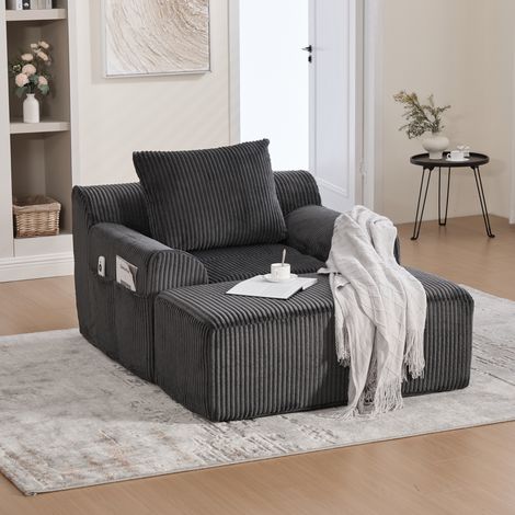 Canapé de relax avec repose-pieds, fauteuil rembourré avec poches latérales et coussins, rembourrage en mousse - velours côtelé, gris