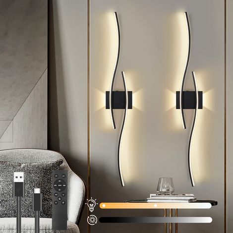 2 Applique Murale LED Moderne,Design Incurvée,Rechargeable, Température 3000-6000k Réglable,Télécommande pour Chambre/Salon/Entrée