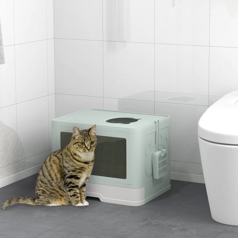 Überdachte Katzentoilette mit Schaufel, Bürste, 2 Türen (Haupteingang und Ausgang oben), 48,5 x 38 x 36,5 cm, Hellgrün