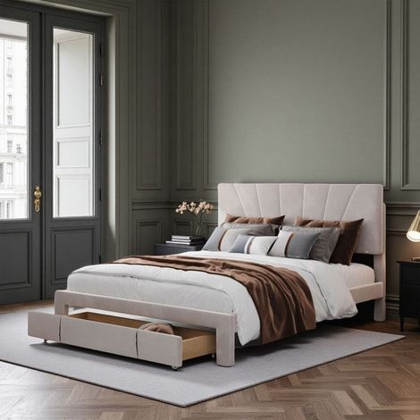 Lit double 140x200 cm - DANS LES NUAGES - 0F0420 - tiroir de rangement - velours beige - sommier à lattes
