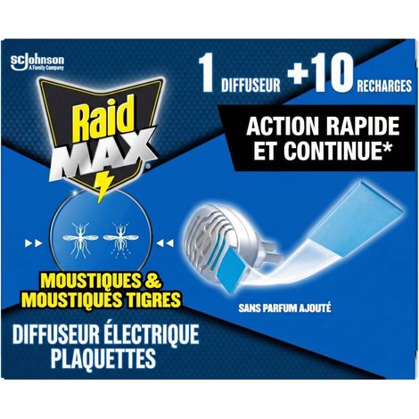 Max Diffuseur Electrique Plaquettes - Anti-Moustiques et Moustiques Tigres - Protection Efficace - Sans Parfum - 1 Diffuseur + 10 Recharges