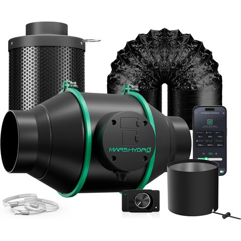 Mars Hydro iFresh 4″ (100 mm) Inline-Rohrventilator und nachfüllbarer Aktivkohlefilter-Kombination mit Drehzahlregler