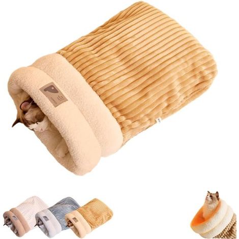 Sac de couchage pour chat - 53 cm de long x 46 cm de large - sac de couchage d'hiver en peluche douce - lit d'intérieur auto-chauffant pour chat (1/5)