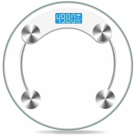 Bilancia pesapersone digitale in vetro con capacità di 180 kg e display LCD, colore bianco trasparente.