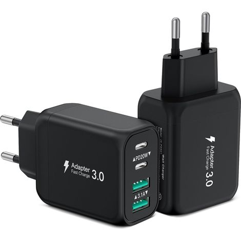 2 Pack Chargeur USB C, 40W 4 Port Chargeur Rapide Multi USB PD et QC Bloc Chargeur USB C, Adaptateur Secteur Téléphones Portables Compatible Aves 15 Pro Max 14 13 12, iPad Pro, Galaxy (Noir) (1/5)