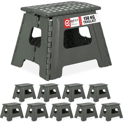 Set of 10 Relaxdays Folding Stools L, Portable, Step Stool, Kids' Bathroom Stool,120 kg, Plastic, 32.5cm, Light Grey