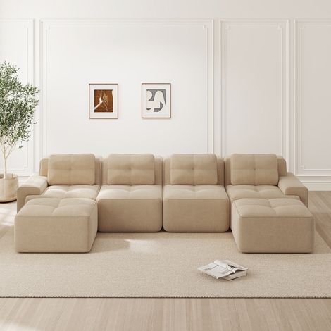 Sofá modular 382x177x69 cm beige en pana de 4 plazas con chaise longue en U, asiento profundo y base antideslizante (1/5)