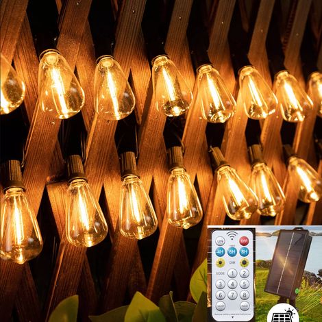 Guirlande lumineuse solaire d'extérieur de 18 m, 30 + 1 ampoules Edison incassables, étanche IP44, lumière blanche chaude 2700 K, avec télécommande (1/5)