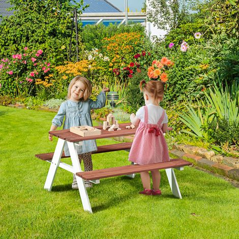 Mesa de picnic infantil con bancos de madera maciza, mesa infantil para el jardín, 89 x 79 x 50 cm, marrón y blanco.