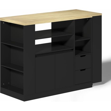 Îlot de cuisine 115 cm plan de travail extensible rangement intégré étagères sur trois côtés deux tiroirs bar à café table à manger (1/5)