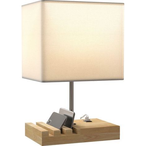 Nachttischlampe aus Holz und Stoff mit USB-Anschluss, Kippschalter und Ablagefach (1/5)