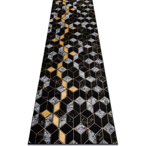 Modern GLOSS Teppich, Läufer 400B 86 stilvoll, glamour, art deco, 3D geometrisch schwarz / gold black 70x300 cm