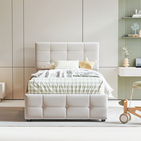 Lit enfant capitonné 90x200, sommier coffre hydraulique, tête ajustable, lit surélevé simple en velours beige, rangement intégré, confort moelleux (1/5)