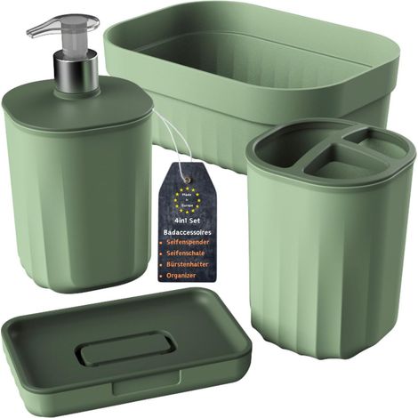 Ensemble de salle de bain 4 pièces avec distributeur de savon, porte-savon, porte-brosse à dents et organiseur, design moderne, plastique robuste, sans BPA, aspect rainuré, vert sauge (1/5)