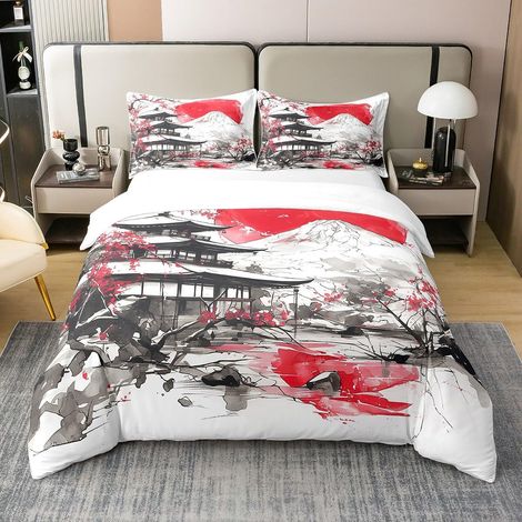 Coton Fuji Mountain Literie Set Japonais Style Rouge Soleil Housse de Couette Ukiyo E Thème Housse de Confort Mountain Cherry Fleur Encre Couverture de Lit 240 x 260 avec 2 Taies d'oreiller (1/5)