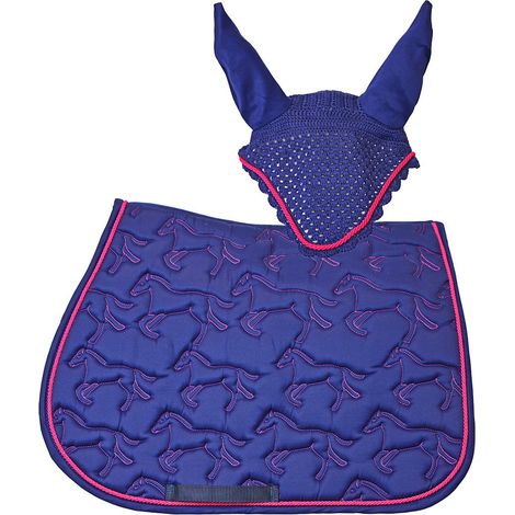 Full, azzurro: Set sottosella e cuffia inglese con trapuntatura decorativa a forma di cavallini con cordone a contrasto