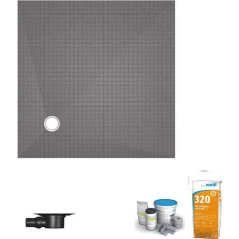 Receveur de douche à carreler 150 x 150 WEDI Fundo Primo écoulement excentré + bonde horizontale + kit d'étanchéité + colle 320