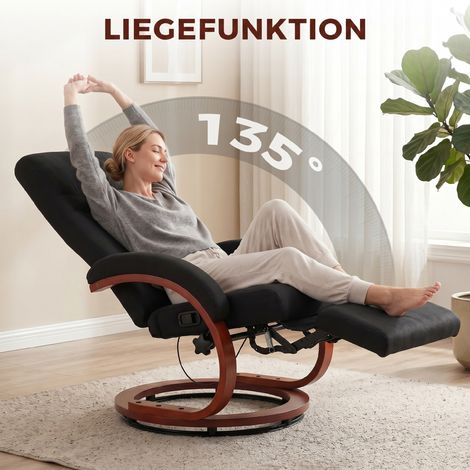 Fauteuil relax inclinable, télésiège à dossier haut, accoudoirs ergonomiques, repose-pieds, base en bois, aspect lin. (1/5)