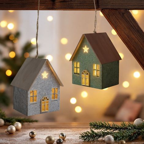 LED Filz Winterhaus mit Holzdach 2er Set inklusive Batterie - 12 x 9 cm - Deko Weihnachtsdorf warm weiß beleuchtet