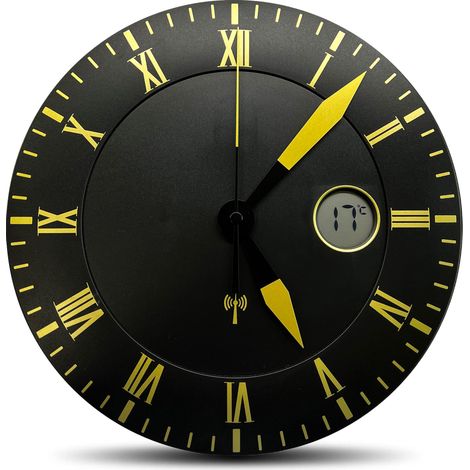 Fishtec – Horloge murale dorée 25,4 cm – Chiffres romains – Affichage température LCD – Design élégant pour décoration intérieure (1/5)