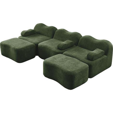 Modulares U-Sofa ohne Gestell, 3-Sitzer, mit 2 Hockern, grünem Samt (1/5)