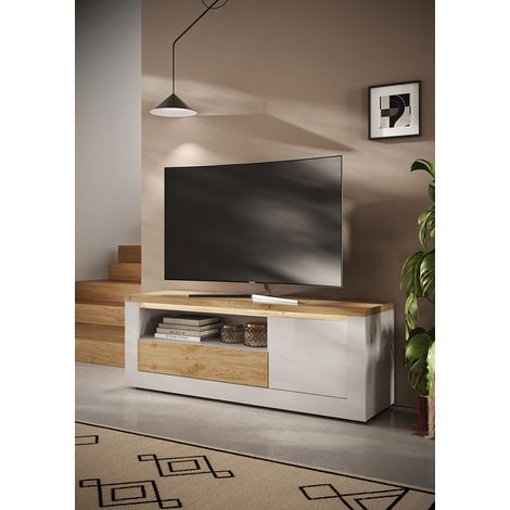Meuble TV contemporain 156 cm blanc laqué brillant Isia (1/5)