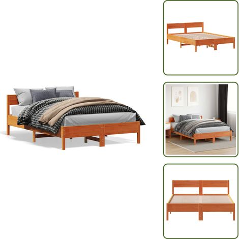 The Living Store Cadre de lit sans matelas cire marron 150x200cm bois pin massif - Cadre De Lit - Lit Double - Lit En Bois - Bois De Pin - Tête De Lit