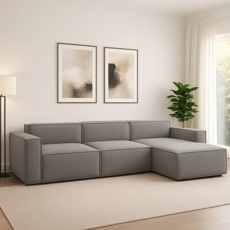 Talamo Italia - Divano fisso con penisola Asvaldo, Divano componibile 4 posti con penisola destra, Sofà in tessuto, 100% Made in Italy, Cm 340x170h70, Grigio (1/5)