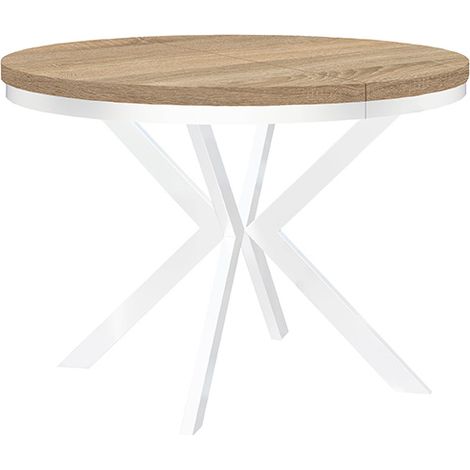 Table de salle à manger ronde extensible ENDIK avec cerclage métallique, diamètre : 100 / 200 cm, couleur :Sonoma / blanc (1/3)