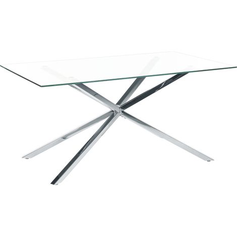 Mesa de comedor rectangular 160 x 90 cm tablero de vidrio templado transparente patas plateadas Cora