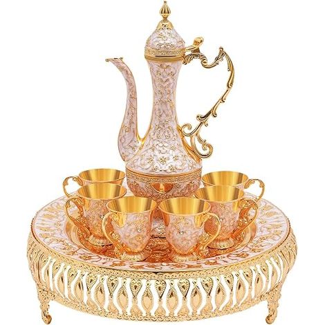 Ensemble de cafetière turque vintage avec plateau et 6 verres à thé, verres à thé, ornement de théière turque dorée, cafetière marocaine pour la maison, le thé (1/5)