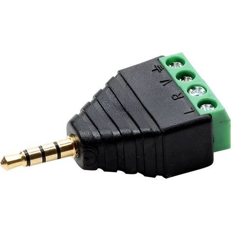 Solderless, three-ring, four-section stereo audio connector for headphones, with 3.5 mm jack plug and terminal block. DIY accessory. (1/5)