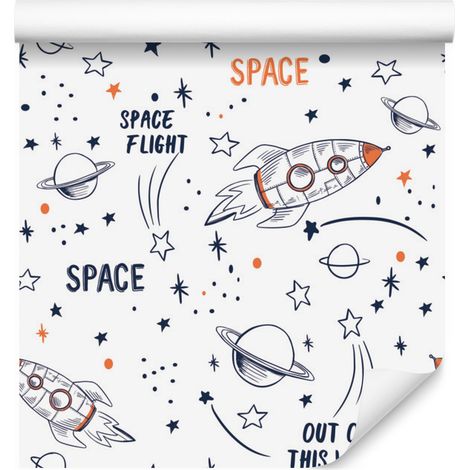 Papel pintado espacial con cohetes y estrellas para salón y dormitorio, 50x1000 cm. (1/5)