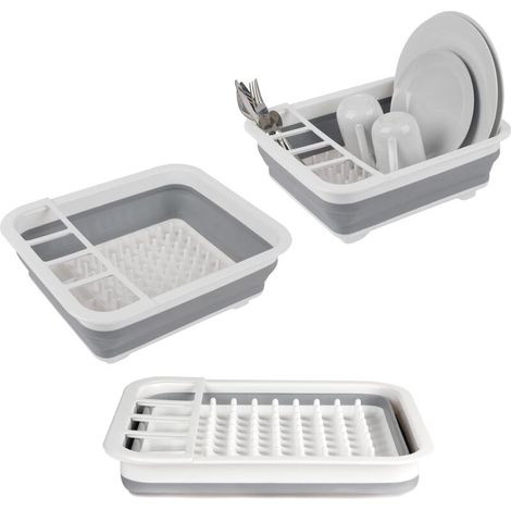 Égouttoir à vaisselle pliable avec porte-ustensile - parfait pour les propriétaires ou le camping, résistant à la déchirure, conception peu encombrante, pieds antidérapants, Gris (1/4)