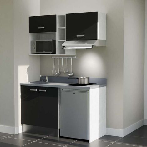 Kitchenette K13L - 140 cm - emplacements frigo, hotte et micro-ondes-Noir-Cromo-évier à gauche