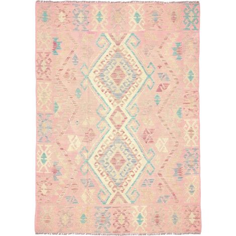Tapis kilim 126 x 174 cm, motif géométrique, rose, bleu et crème, en laine naturelle, tissé à plat, artisanal (1/5)