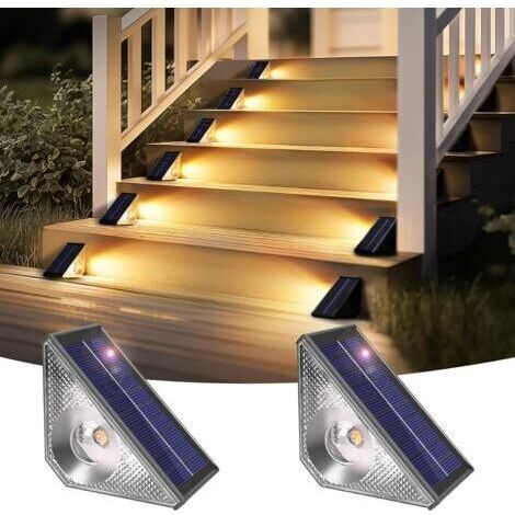 Lot de 2 lampes solaires d'extérieur étanches à LED pour escaliers extérieurs, marches, clôture, cour, terrasse, gouttière, chemin, décoration, blanc chaud (1/4)