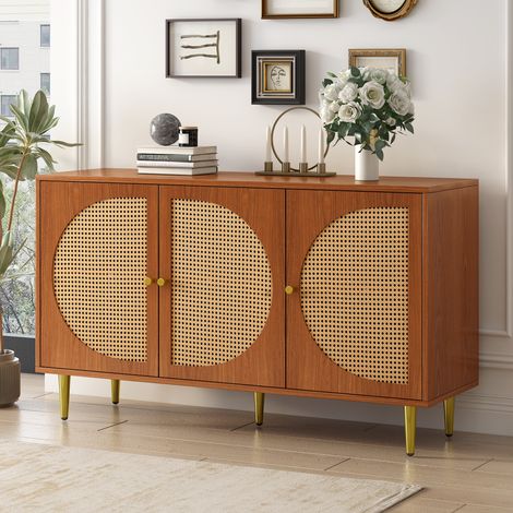 Buffet haut 3 portes vitrées rotin, commode à tiroirs avec poignées en métal, meuble de rangement pour chambre, salon, bureau, couleur noyer, 129,8 x 40 x 76 cm