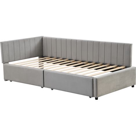 Lit Banquette Lit Simple avec 2 Tiroirs, Dossier Réversible et Velours, 90 x 200 cm, sans Matelas, Gris (1/4)