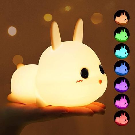 Veilleuse Enfant, Veilleuse Bebe Lapin 7 Couleurs, Contrôle Tap Dimmable Lampe Chevet Enfant Rechargeable VEILLEUSE LAPIN (1/3)