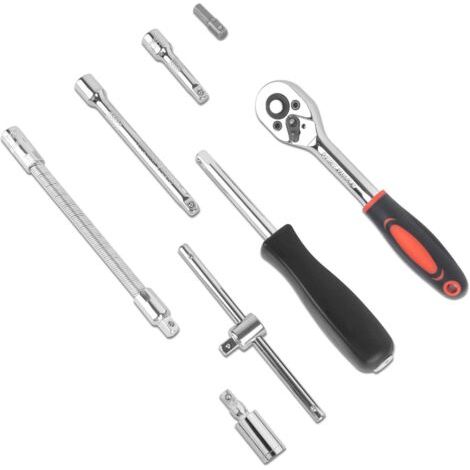 46 Pièces 1/4’’ pouce Clé à Douille et Embouts Bits Métrique Ensemble Tiges d'Extension Flexibles avec Clé À Cliquet Réversible pour Moteur, Vélo, Voiture (1/5)