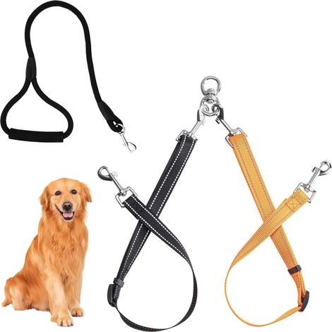 Laisse RéGlable Double pour 2 Chiens, Rotative à 360 °, Laisse pour Chien Amovible, RéFléChissant AntienchevêTrement Laisse Chien pour Petits Moyenne Chiens Noir Orange
