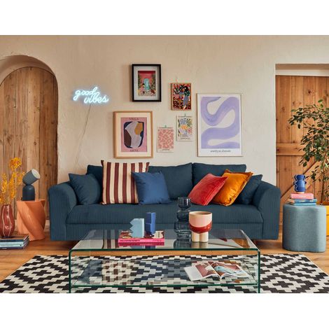 Lisa Design – Canapé droit 3 places en velours côtelé bleu nuit – Structure bois massif – Assise mousse polyuréthane 25Kg/m3 – Dimensions L210xH81xP93 cm (1/5)