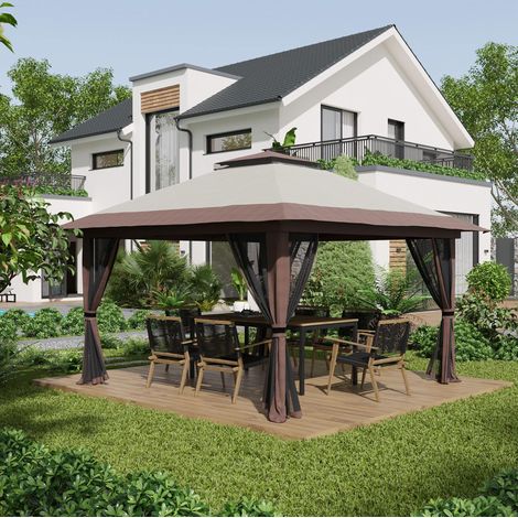 Tonnelle de jardin 4 x 4 m réglable, UV50+, moustiquaires, double toit, beige DESVIAE (1/5)