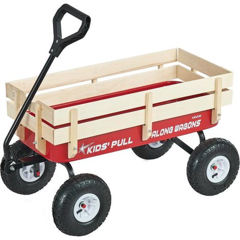 Charge 150 kg Chariot à Tirer Tout-Terrain Roues Pneumatiques 10'' Ridelles Bois pour Enfants et Jardin (1/5)